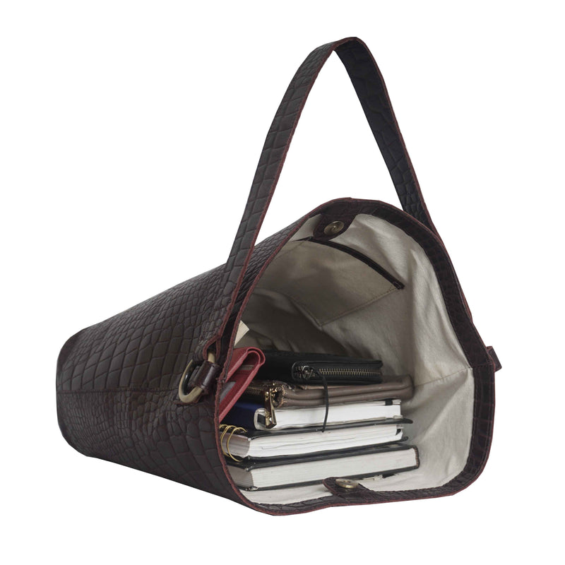 'AMELIA' Burgundy Real Croc Leather Large Capacity Bucket Bag