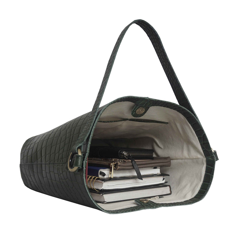 'AMELIA' Khaki Real Croc Leather Large Capacity Bucket Bag