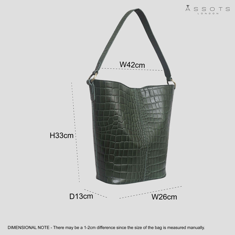 'AMELIA' Khaki Real Croc Leather Large Capacity Bucket Bag