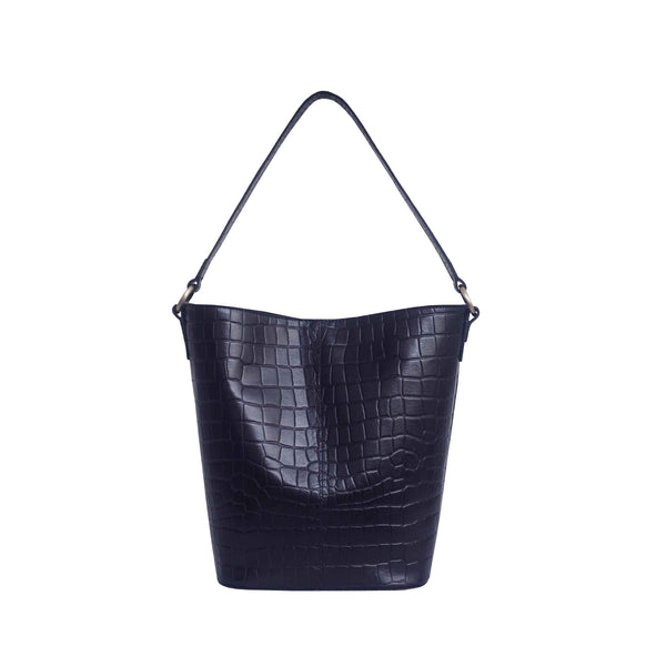 'AMELIA' Navy Real Croc Leather Large Capacity Bucket Bag