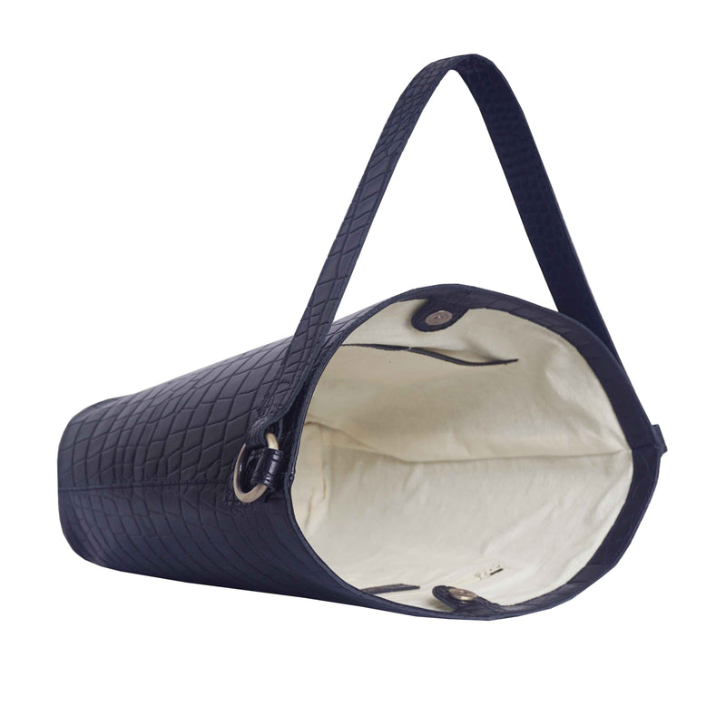 'AMELIA' Navy Real Croc Leather Large Capacity Bucket Bag