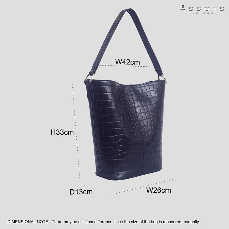 'AMELIA' Navy Real Croc Leather Large Capacity Bucket Bag