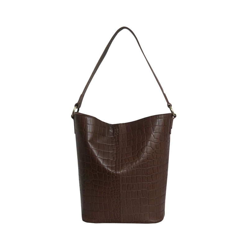 'AMELIA' Tan Real Croc Leather Large Capacity Bucket Bag