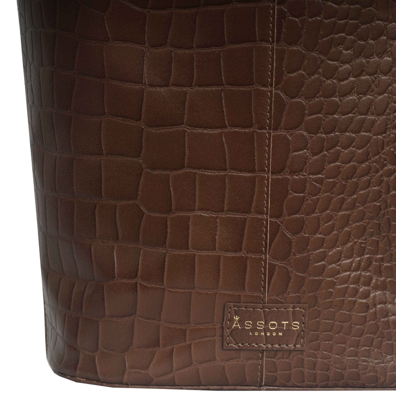 'AMELIA' Tan Real Croc Leather Large Capacity Bucket Bag