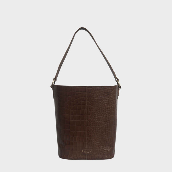 'AMELIA' Tan Real Croc Leather Large Capacity Bucket Bag