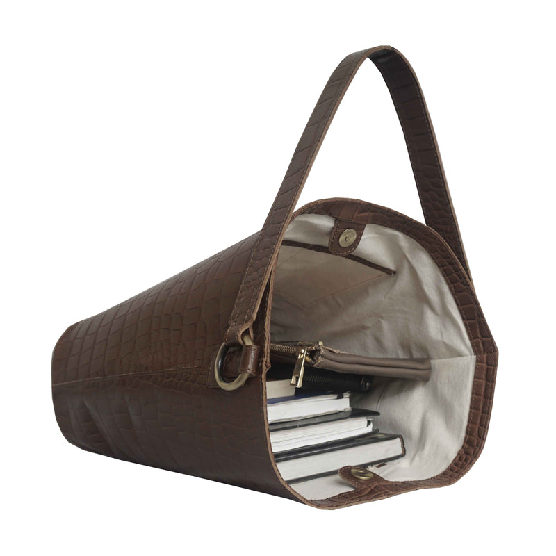 'AMELIA' Tan Real Croc Leather Large Capacity Bucket Bag