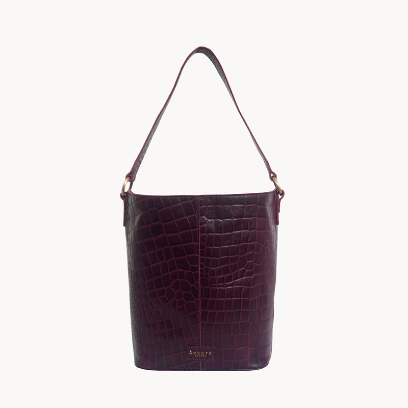'AMELIA' Burgundy Real Croc Leather Large Capacity Bucket Bag