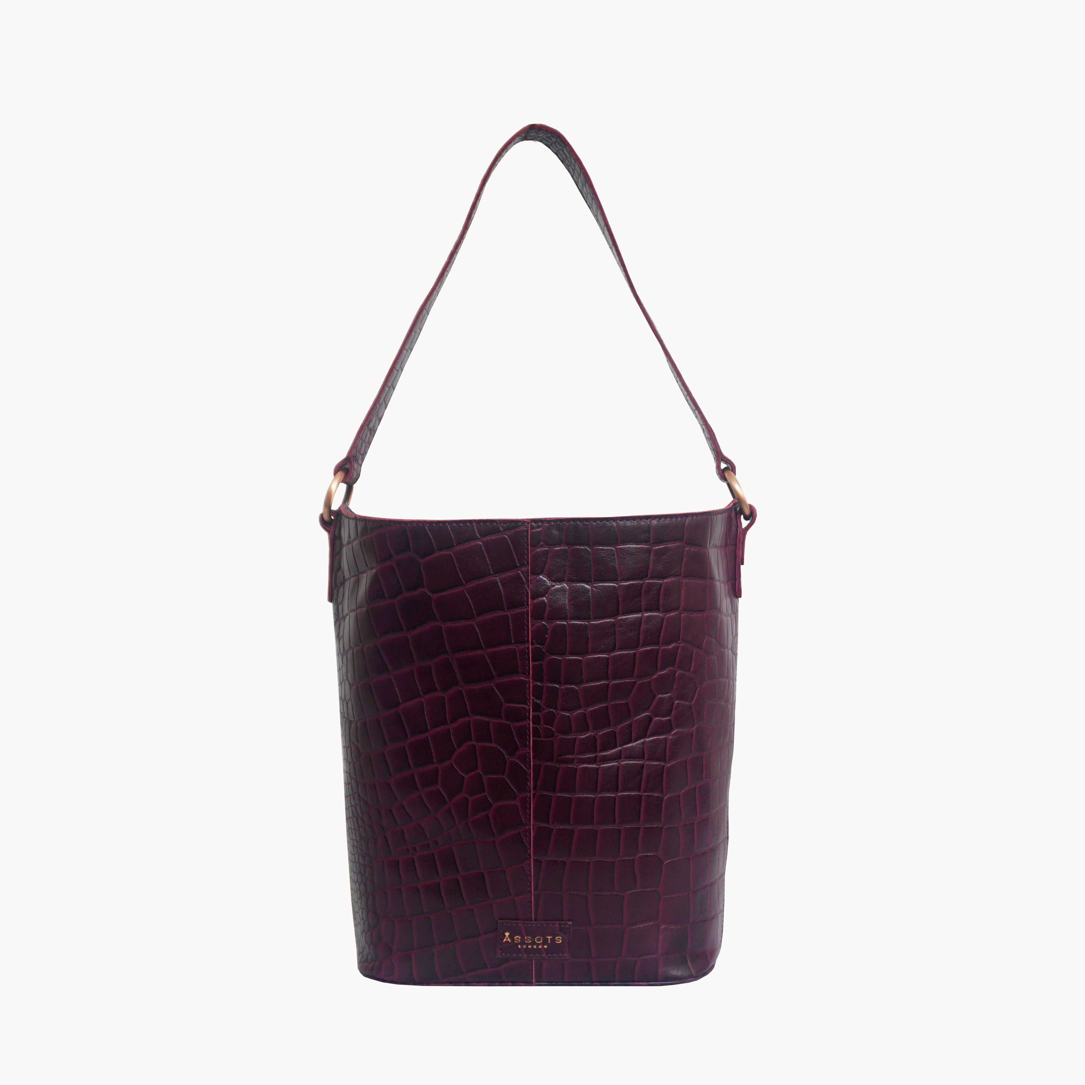 'AMELIA' Burgundy Real Croc Leather Large Capacity Bucket Bag
