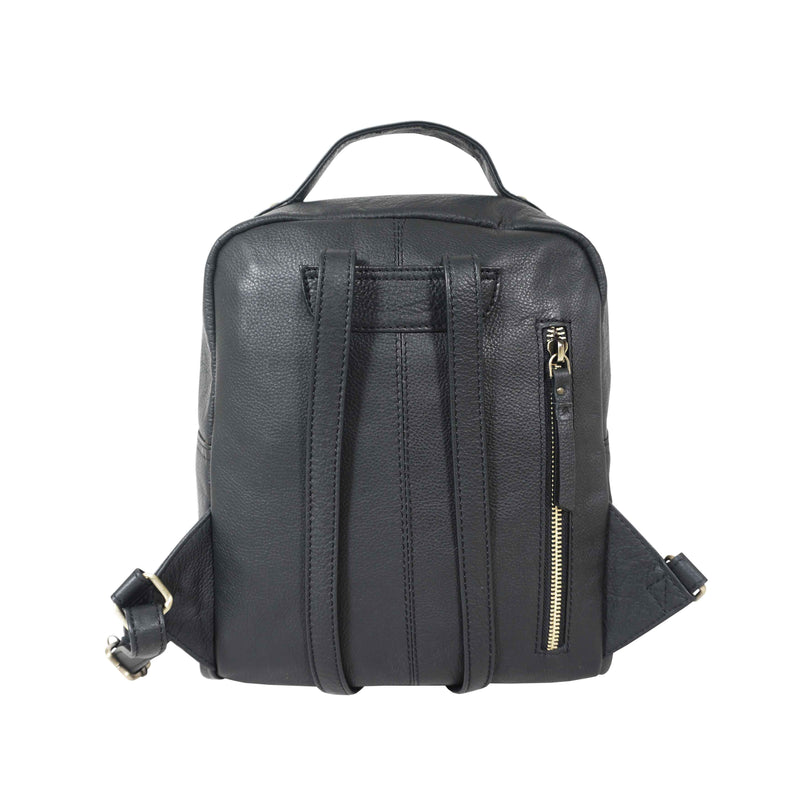 'ANGEL' Black Nappa Full Grain Leather Zip-top Backpack