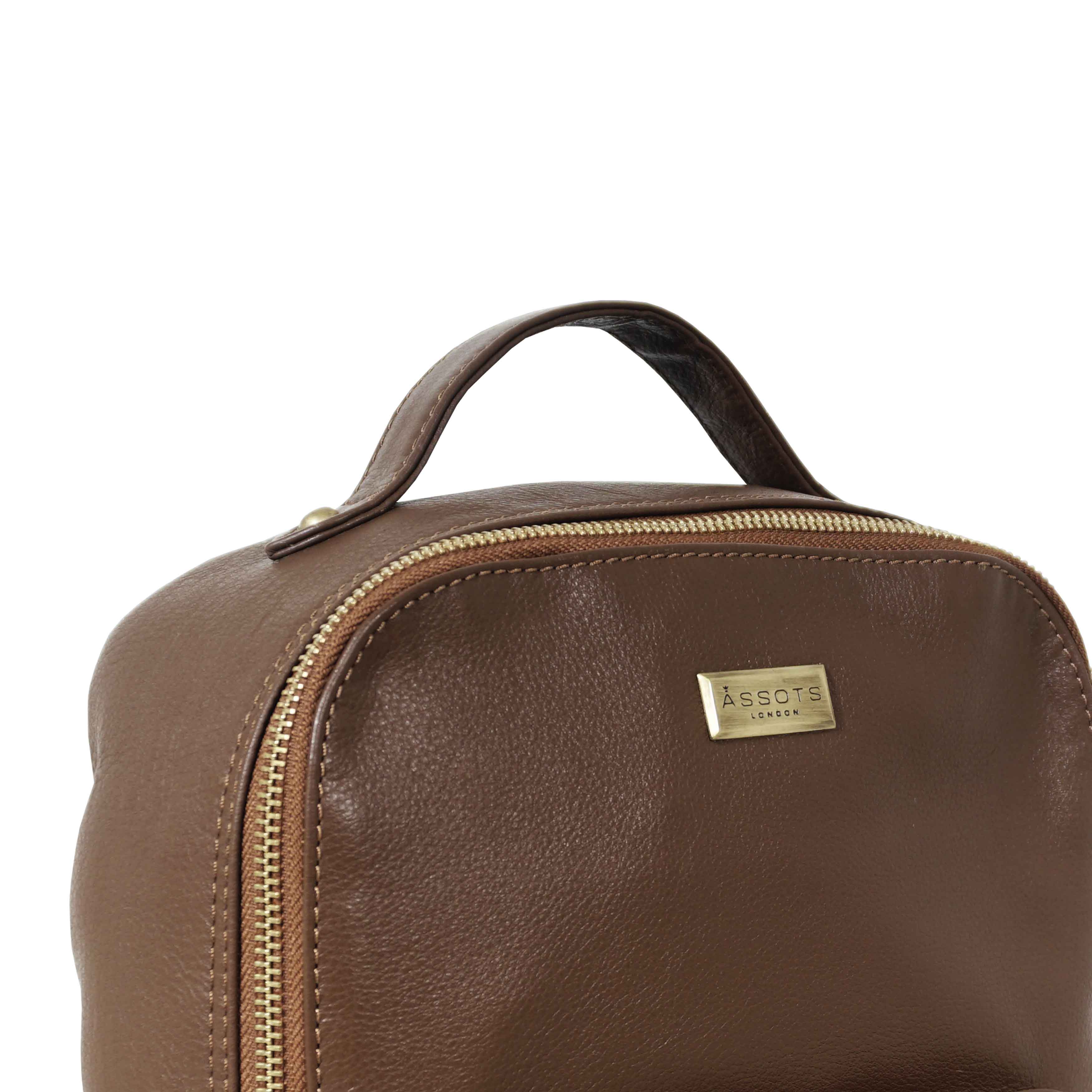 'ANGEL' Tan Pebble Grain Real Leather Zip-top Backpack