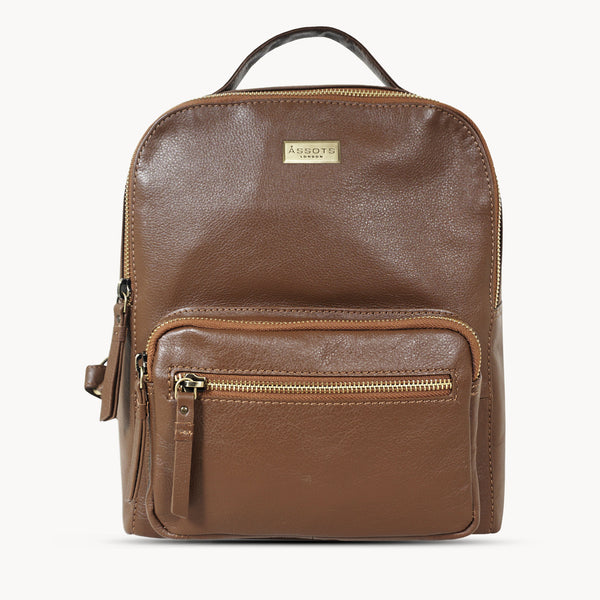 'ANGEL' Tan Pebble Grain Real Leather Zip-top Backpack