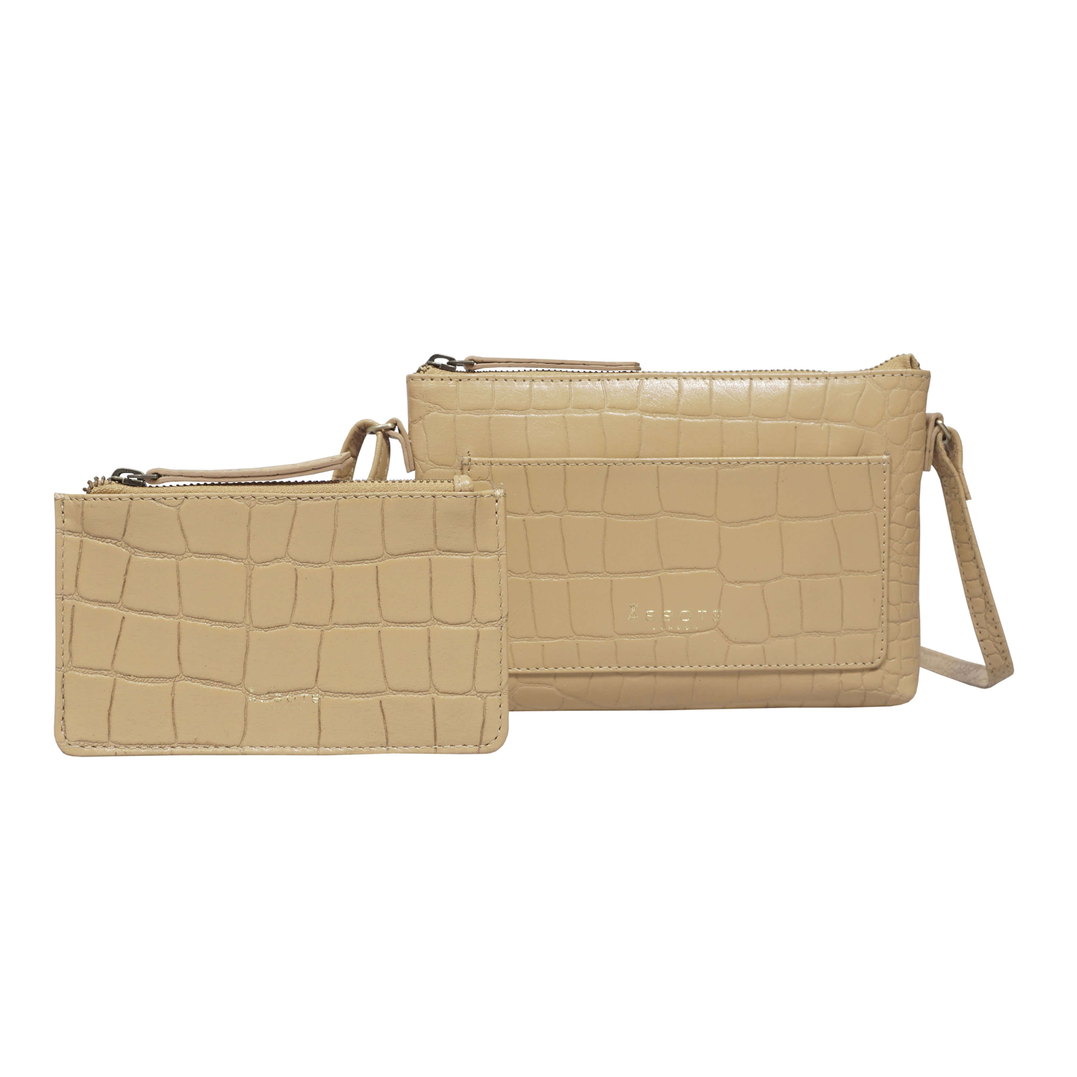 'ARIA' Camel Croc Real Leather Crossbody Bag & Purse Set