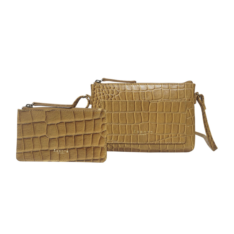 'ARIA' Mustard Croc Real Leather Crossbody Bag & Purse Set