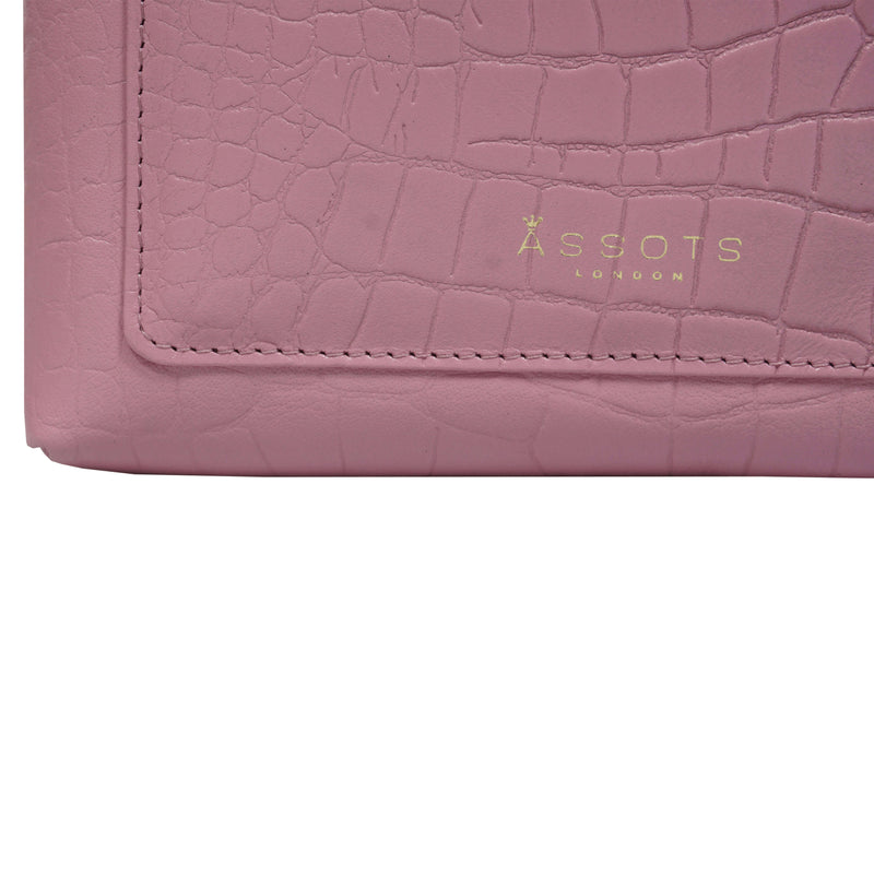 'ARIA' Pink Croc Real Leather Crossbody Bag & Purse Set