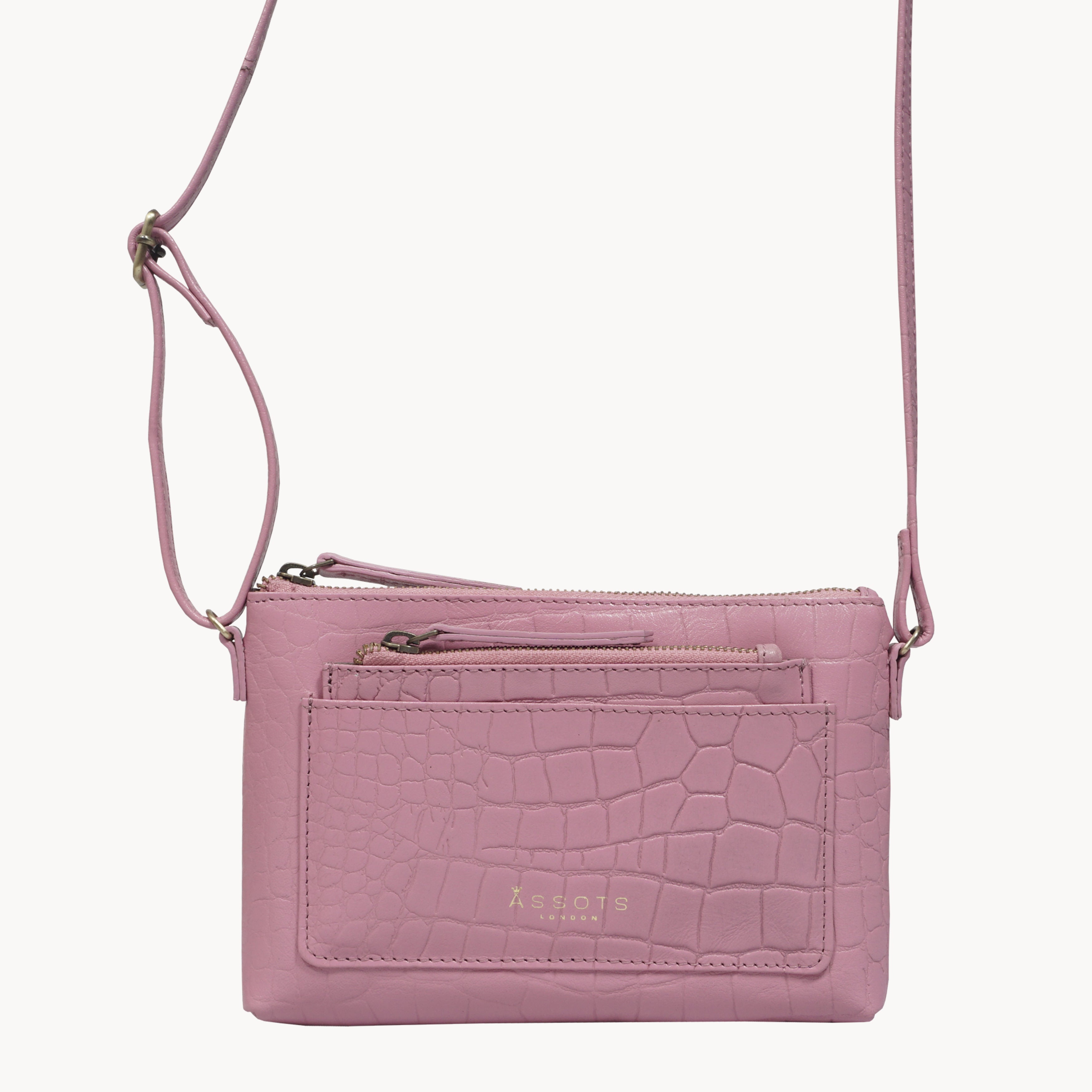 'ARIA' Pink Croc Real Leather Crossbody Bag & Purse Set