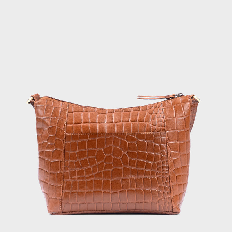 'CAROL' Tan Croc Real Leather Designer Crossbody Shoulder Bag