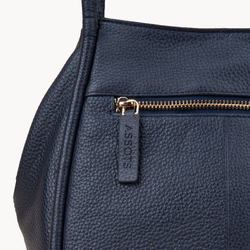 'DEBBIE' Navy Pebble Grain Real Leather Organiser Shoulder Bag