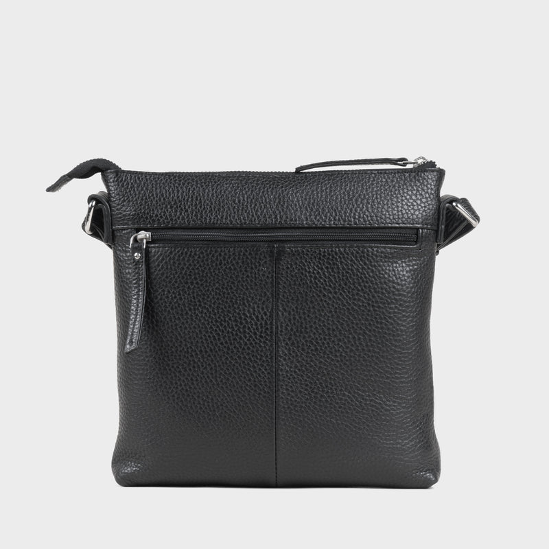 'RUE' Black Pebble Grain Real Leather Crossbody Bag