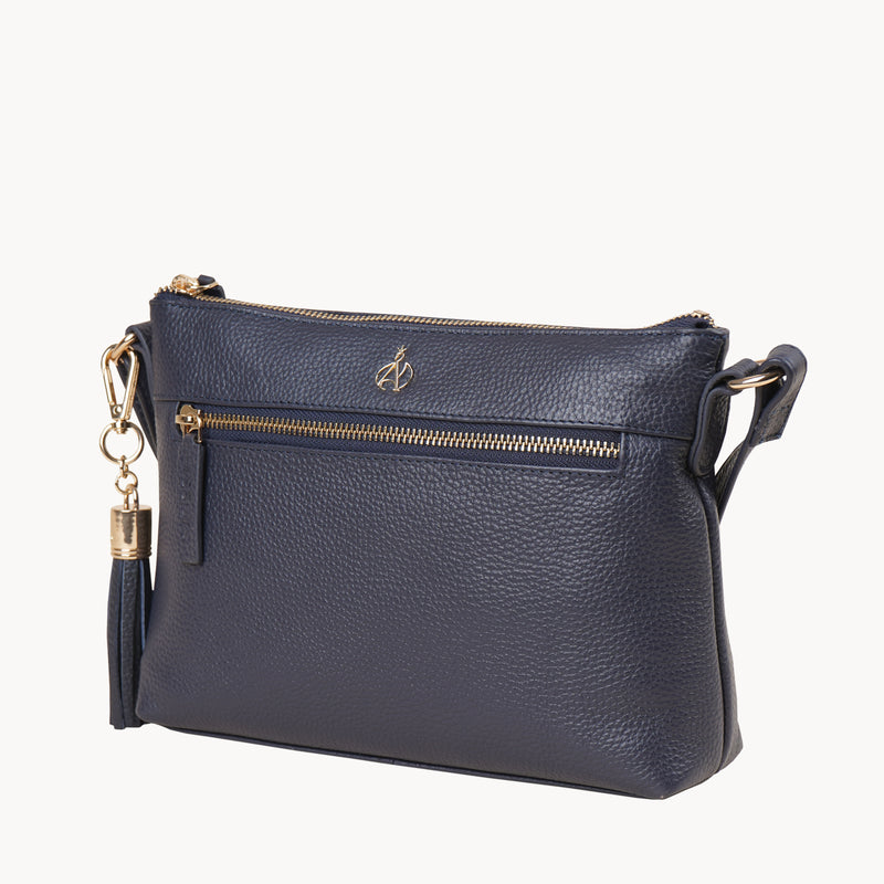 'BECKY' Navy Pebble Grain Real Leather Crossbody Bag