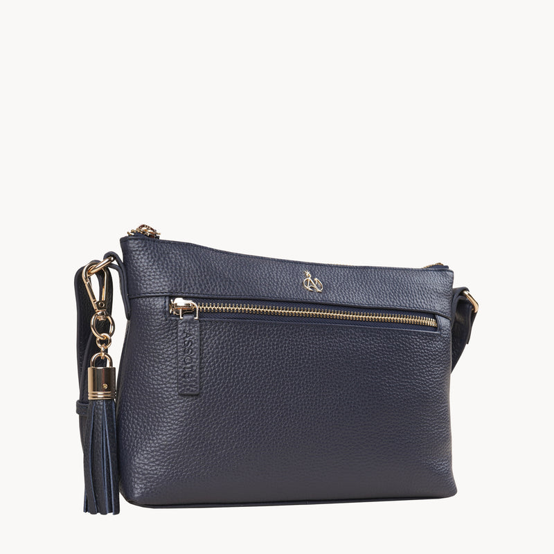 'BECKY' Navy Pebble Grain Real Leather Crossbody Bag
