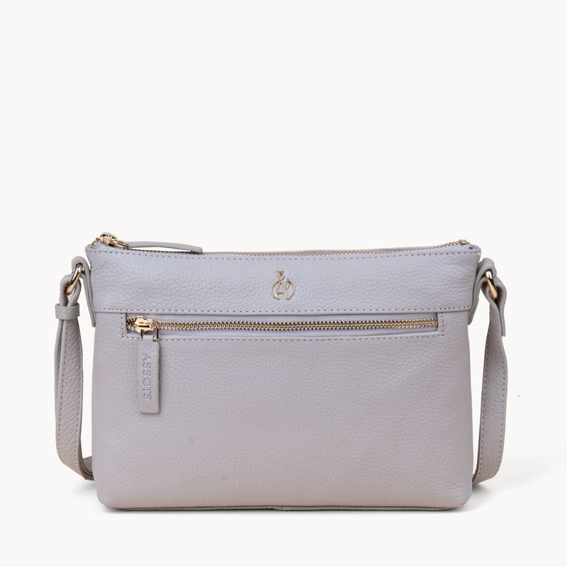 'BECKY' Ice Grey Pebble Grain Real Leather Crossbody Bag