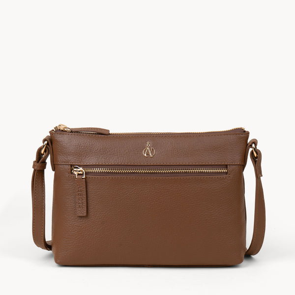 'BECKY' Tan Pebble Grain Real Leather Crossbody Bag