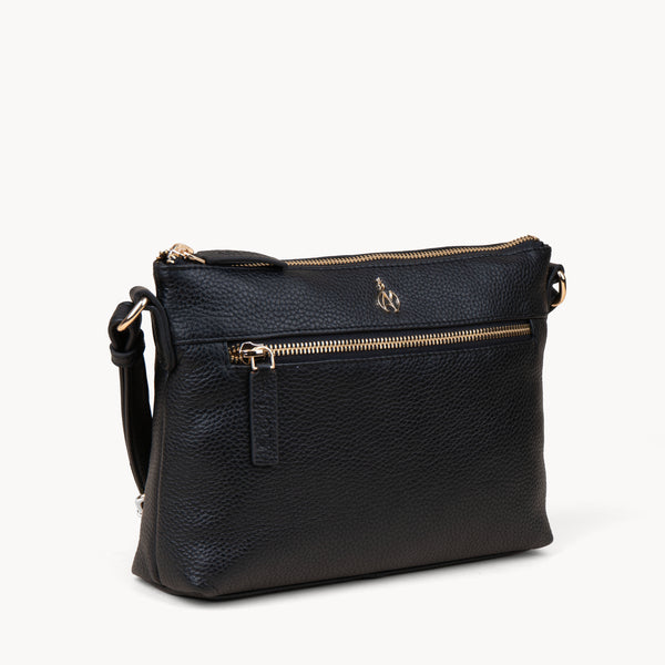 'BECKY' Black Pebble Grain Real Leather Crossbody Bag