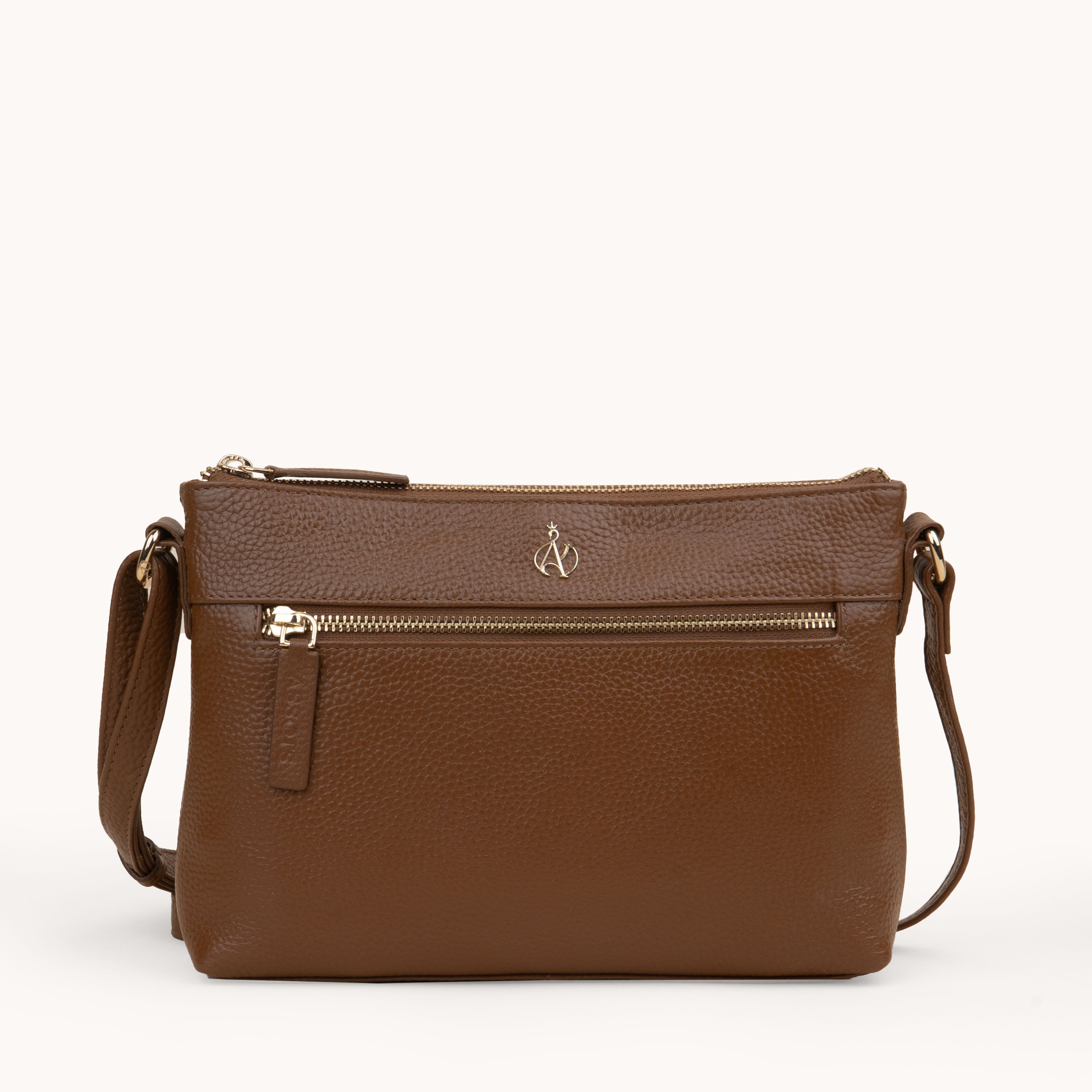 'BECKY' Tan Pebble Grain Real Leather Crossbody Bag