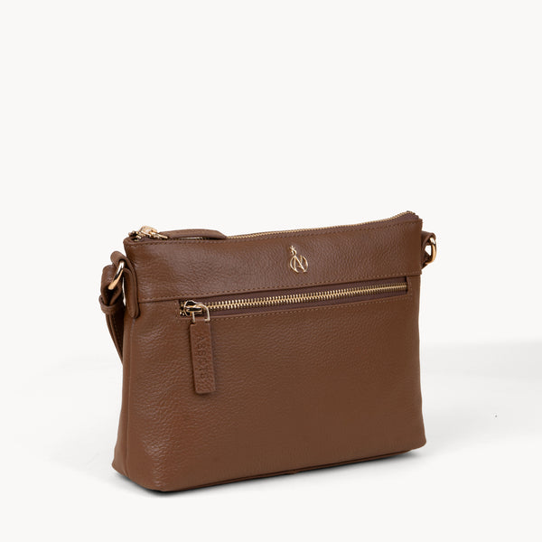 'BECKY' Tan Pebble Grain Real Leather Crossbody Bag