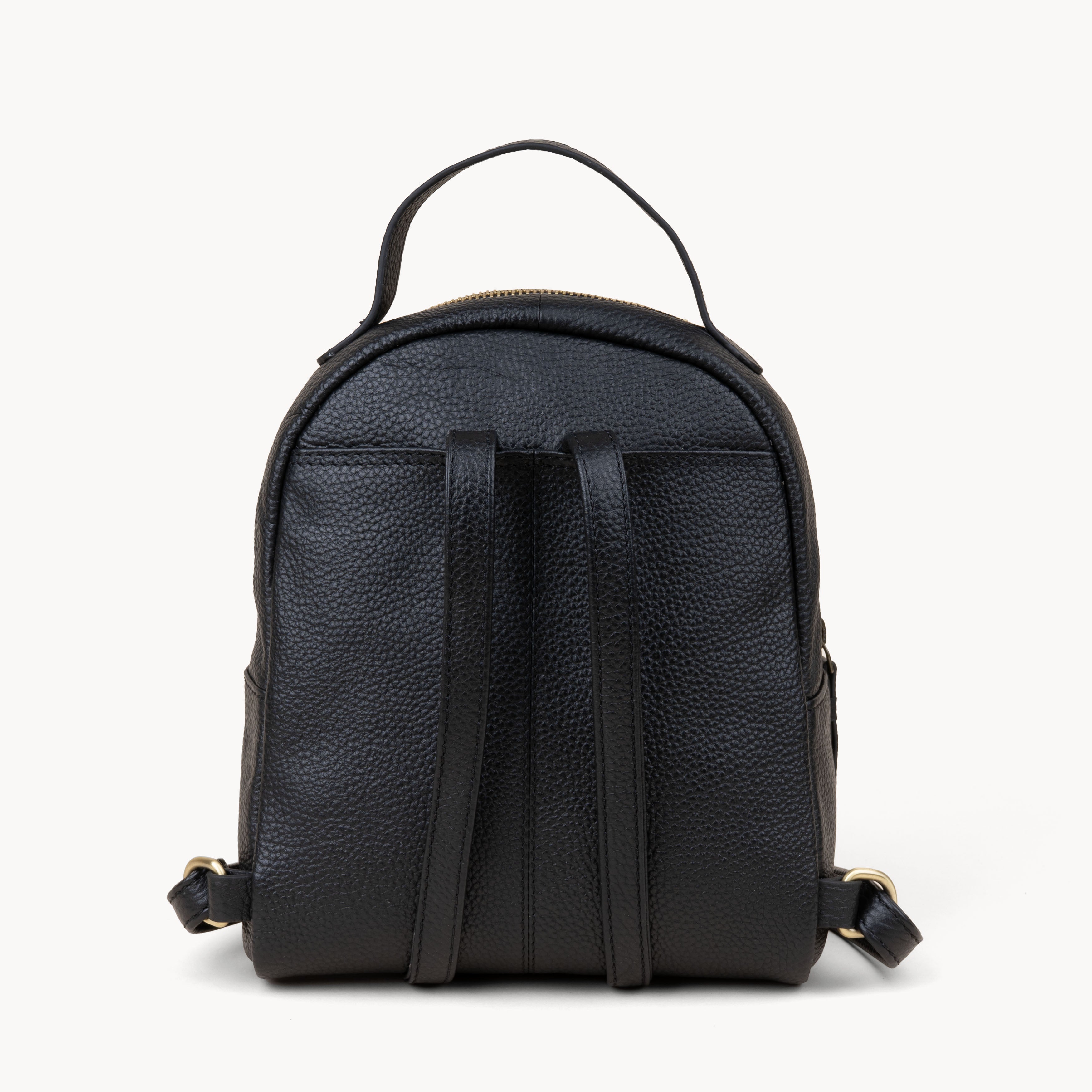 'Betty' Black Zip Top Mini Pebble Grain Leather Backpack