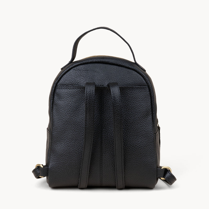 'Betty' Black Zip Top Mini Pebble Grain Leather Backpack