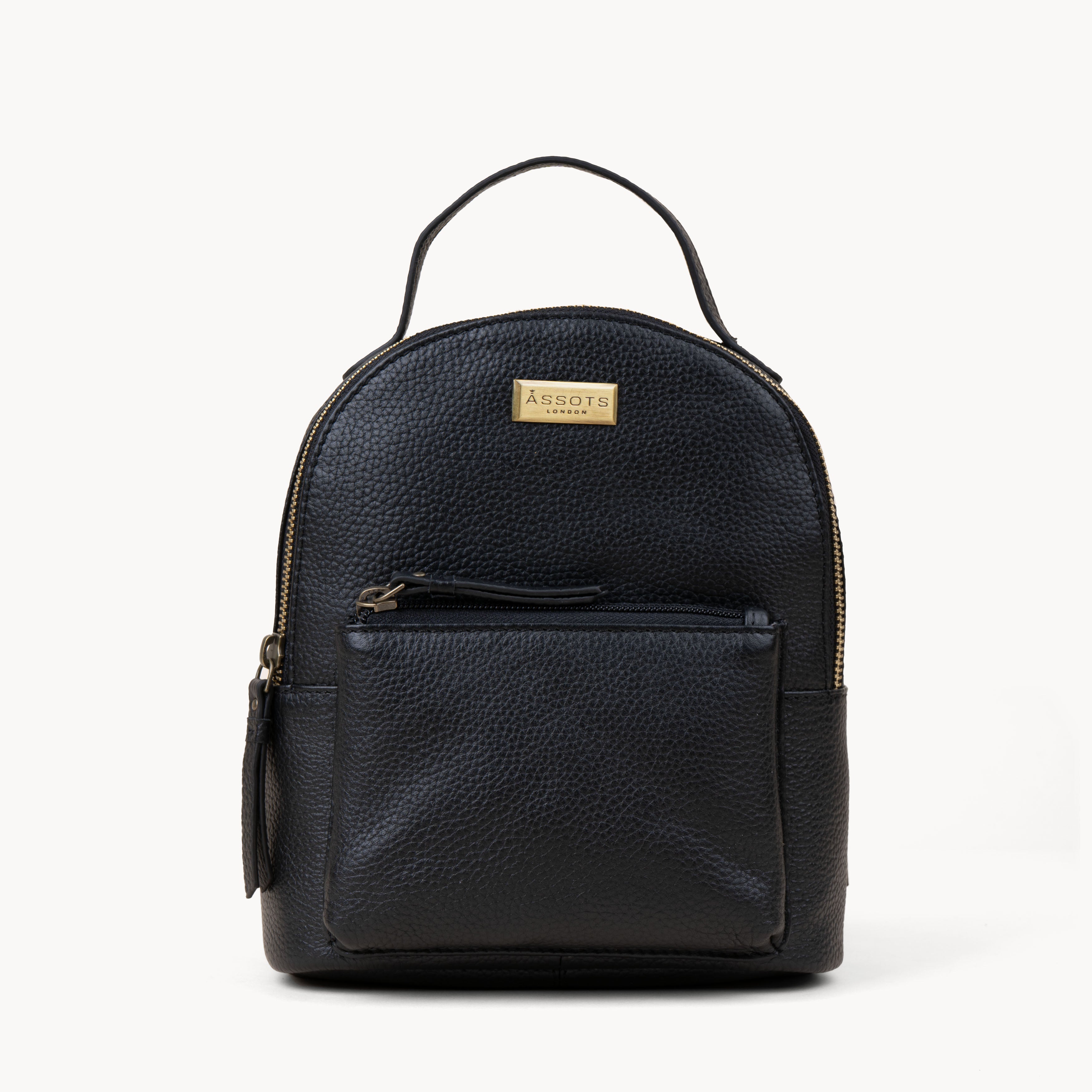 'Betty' Black Zip Top Mini Pebble Grain Leather Backpack