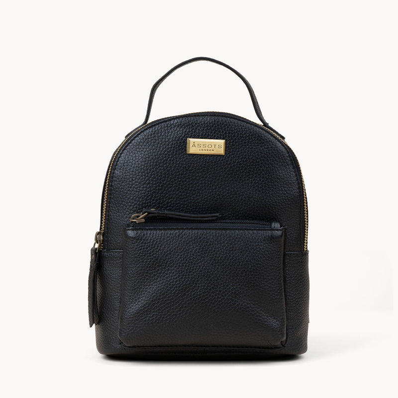 'Betty' Black Zip Top Mini Pebble Grain Leather Backpack