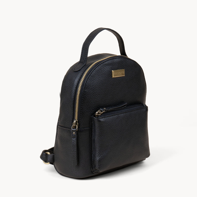 'Betty' Black Zip Top Mini Pebble Grain Leather Backpack