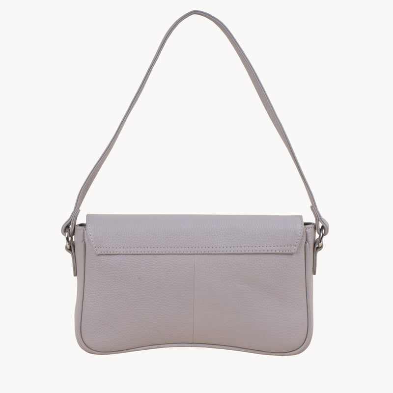 'BEVERLY' Ice Grey Pebble Grain Real Leather Flapover Shoulder Bag