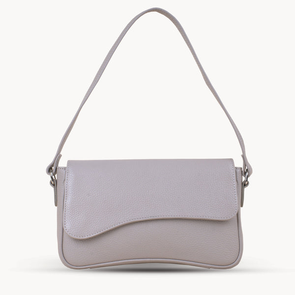 'BEVERLY' Ice Grey Pebble Grain Real Leather Flapover Shoulder Bag