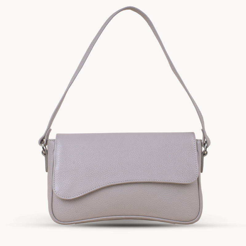 'BEVERLY' Ice Grey Pebble Grain Real Leather Flapover Shoulder Bag