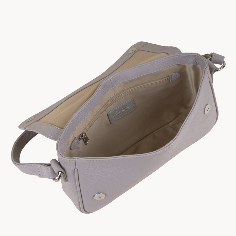 'BEVERLY' Ice Grey Pebble Grain Real Leather Flapover Shoulder Bag