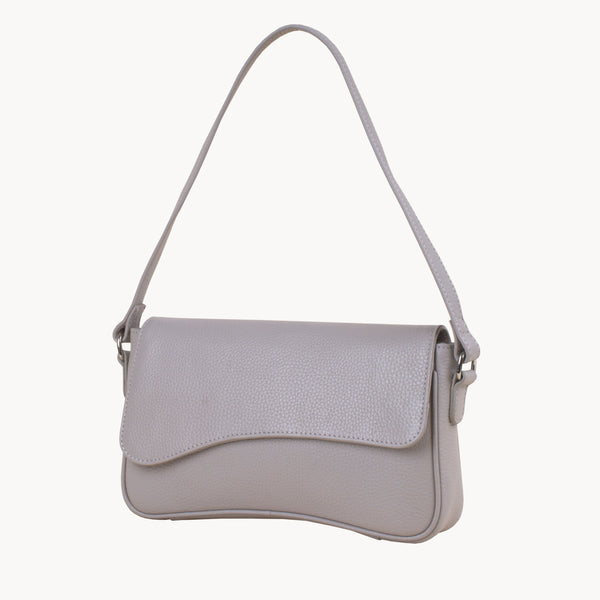 'BEVERLY' Ice Grey Pebble Grain Real Leather Flapover Shoulder Bag