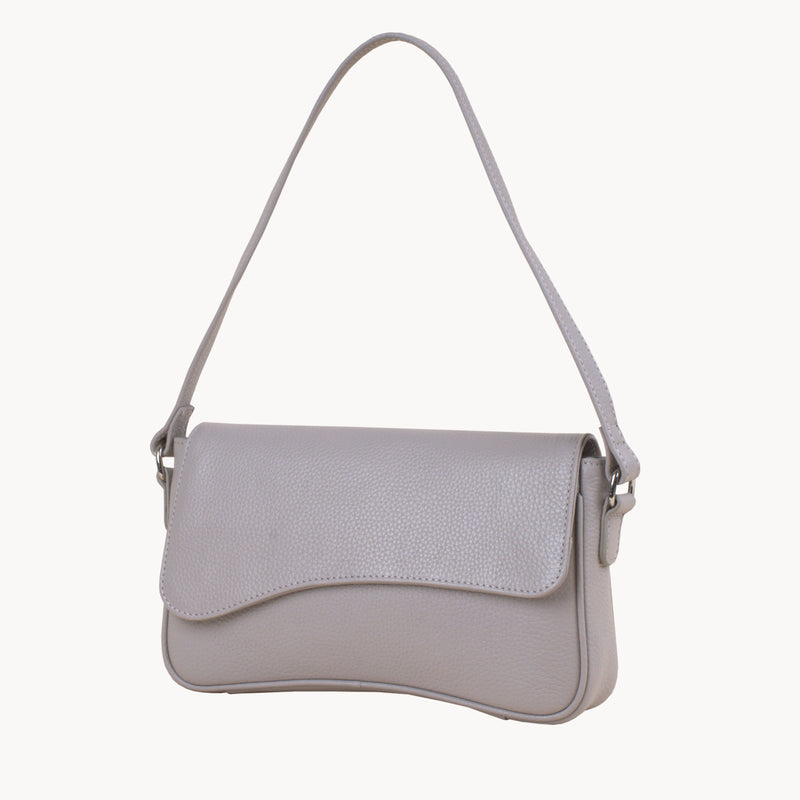 'BEVERLY' Ice Grey Pebble Grain Real Leather Flapover Shoulder Bag