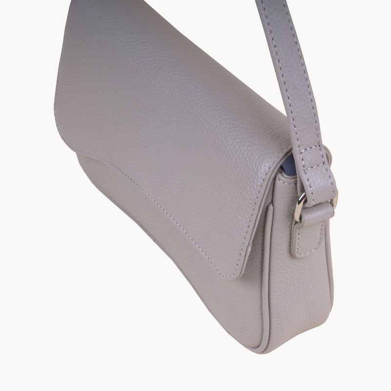'BEVERLY' Ice Grey Pebble Grain Real Leather Flapover Shoulder Bag