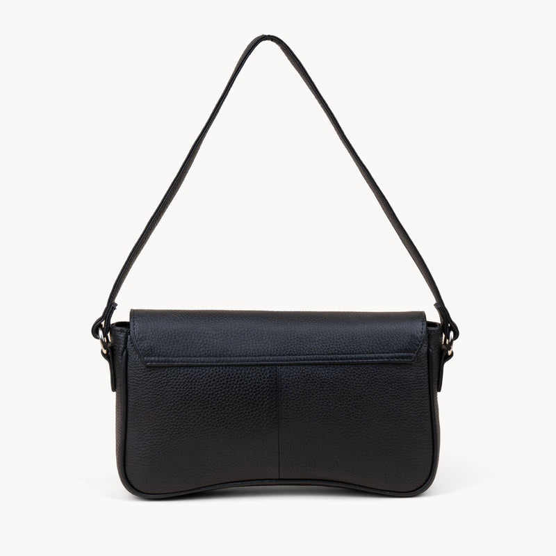 'BEVERLY' Black Pebble Grain Real Leather Flapover Shoulder Bag