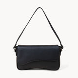 'BEVERLY' Black Pebble Grain Real Leather Flapover Shoulder Bag