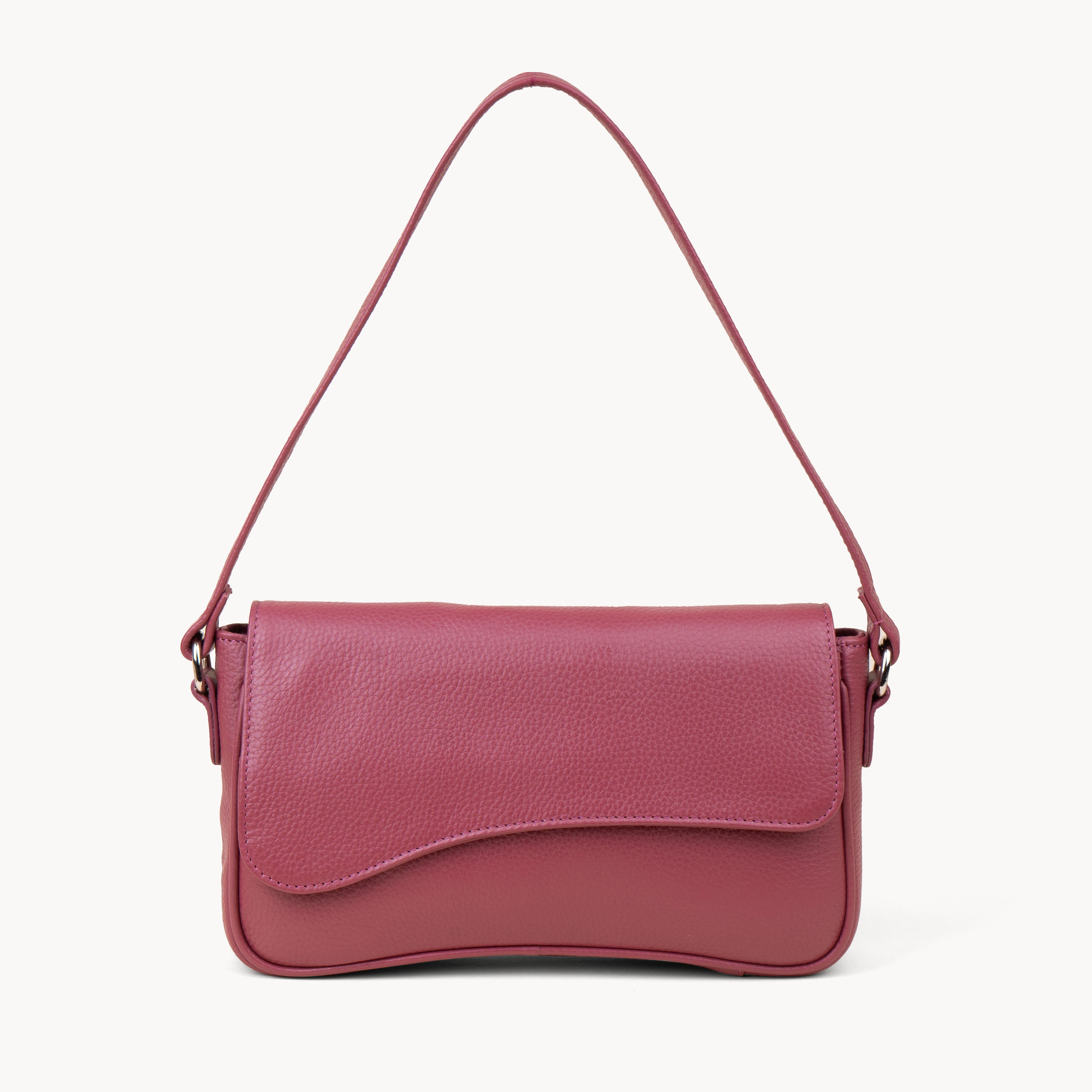 'Beverly' Carmine Pink Pebble Grain Real Leather Shoulder Bag