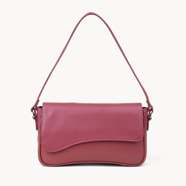 'BEVERLY' Carmine Pink Pebble Grain Real Leather Flapover Shoulder Bag