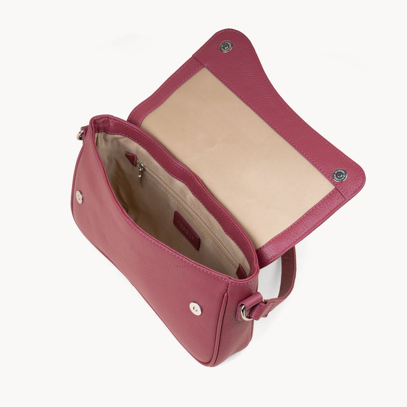 'BEVERLY' Carmine Pink Pebble Grain Real Leather Flapover Shoulder Bag