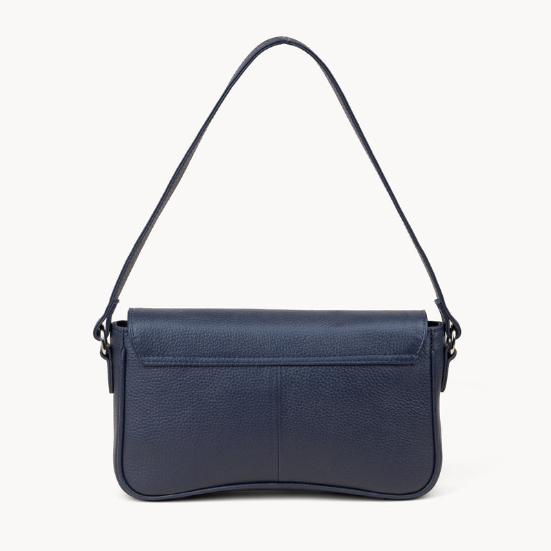 'BEVERLY' Navy Pebble Grain Real Leather Flapover Shoulder Bag