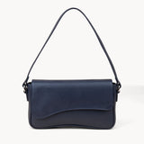 'BEVERLY' Navy Pebble Grain Real Leather Flapover Shoulder Bag