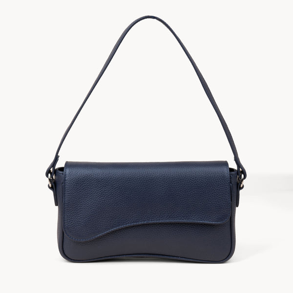 'BEVERLY' Navy Pebble Grain Real Leather Flapover Shoulder Bag