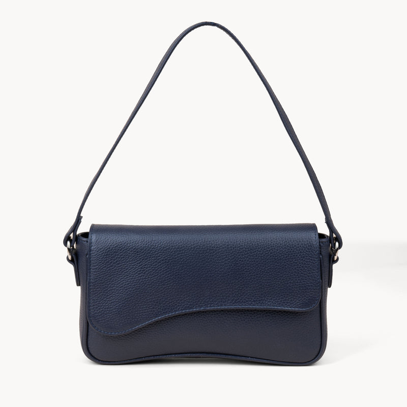 'BEVERLY' Navy Pebble Grain Real Leather Flapover Shoulder Bag